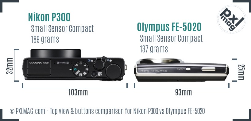 Nikon P300 vs Olympus FE-5020 top view buttons comparison