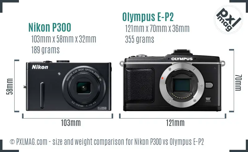 Nikon P300 vs Olympus E-P2 size comparison