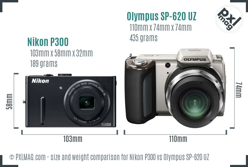 Nikon P300 vs Olympus SP-620 UZ size comparison Nikon P300 vs Olympus SP-620 UZ size comparison