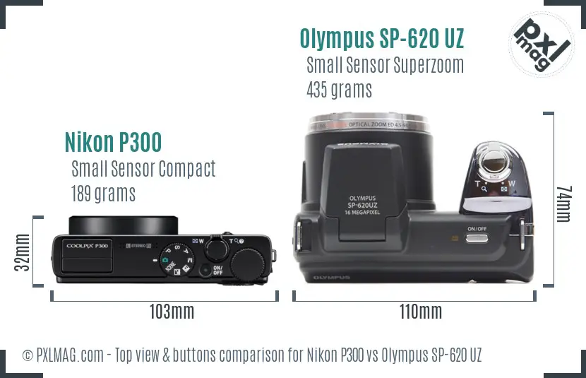 Nikon P300 vs Olympus SP-620 UZ top view buttons comparison Nikon P300 vs Olympus SP-620 UZ top view buttons comparison