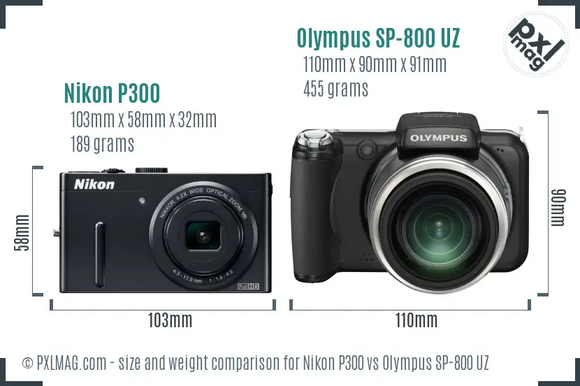 Nikon P300 vs Olympus SP-800 UZ size comparison Nikon P300 vs Olympus SP-800 UZ size comparison