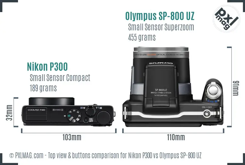 Nikon P300 vs Olympus SP-800 UZ top view buttons comparison Nikon P300 vs Olympus SP-800 UZ top view buttons comparison