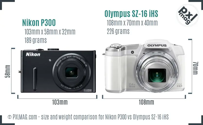 Nikon P300 vs Olympus SZ-16 iHS size comparison Nikon P300 vs Olympus SZ-16 iHS size comparison