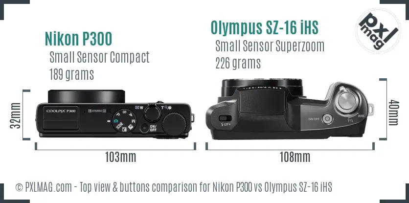 Nikon P300 vs Olympus SZ-16 iHS top view buttons comparison