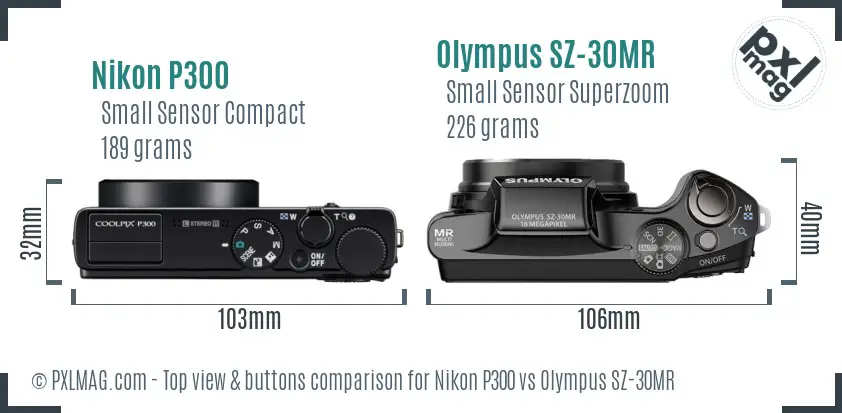 Nikon P300 vs Olympus SZ-30MR top view buttons comparison Nikon P300 vs Olympus SZ-30MR top view buttons comparison