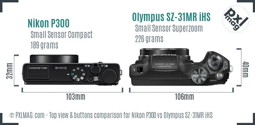 Nikon P300 vs Olympus SZ-31MR iHS top view buttons comparison Nikon P300 vs Olympus SZ-31MR iHS top view buttons comparison