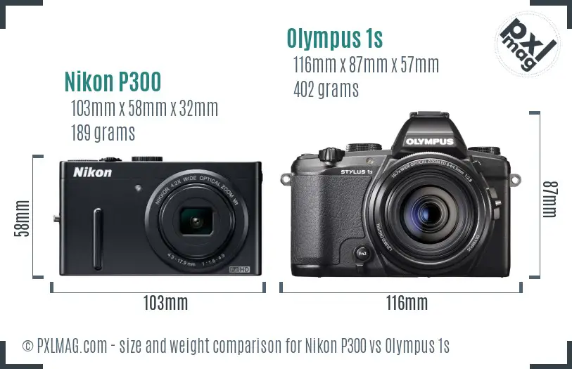 Nikon P300 vs Olympus 1s size comparison