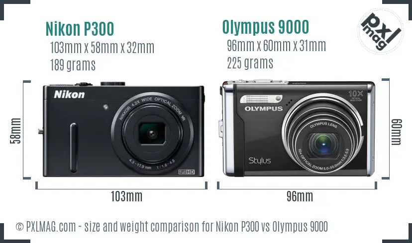 Nikon P300 vs Olympus 9000 size comparison