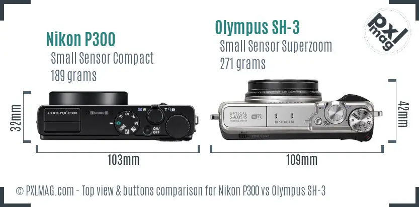 Nikon P300 vs Olympus SH-3 top view buttons comparison Nikon P300 vs Olympus SH-3 top view buttons comparison
