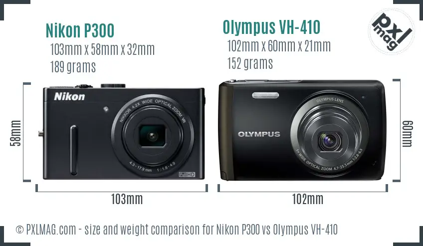 Nikon P300 vs Olympus VH-410 size comparison