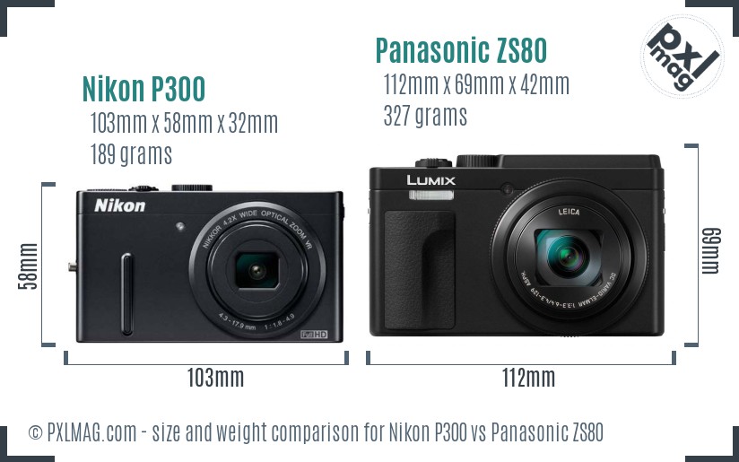 Nikon P300 vs Panasonic ZS80 size comparison