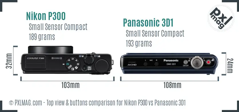 Nikon P300 vs Panasonic 3D1 top view buttons comparison Nikon P300 vs Panasonic 3D1 top view buttons comparison