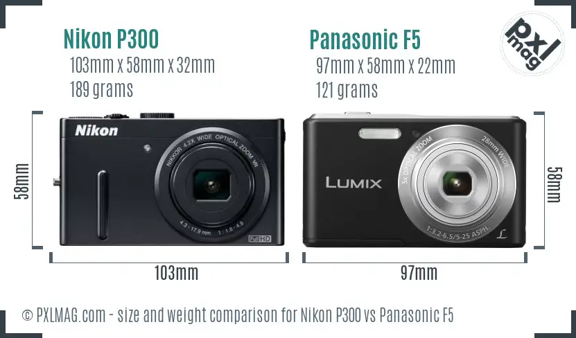 Nikon P300 vs Panasonic F5 size comparison
