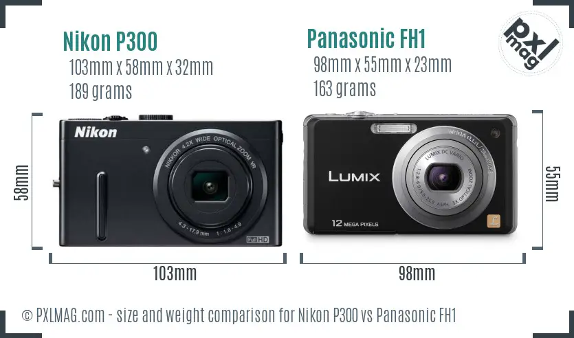 Nikon P300 vs Panasonic FH1 size comparison