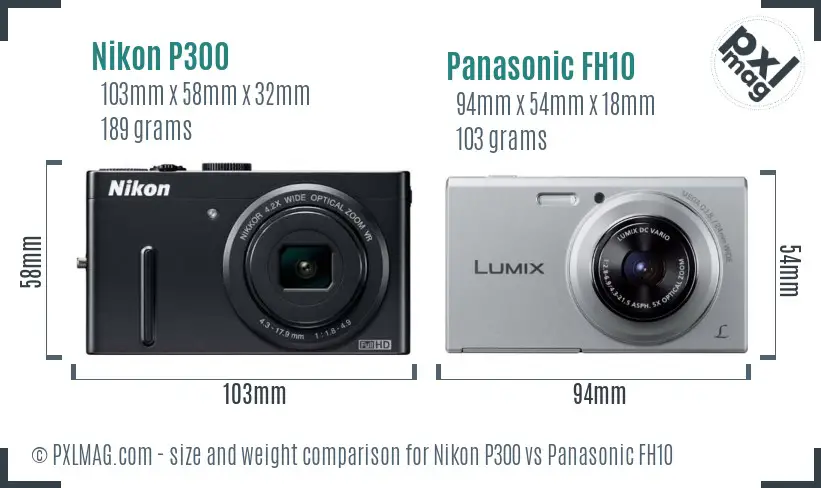 Nikon P300 vs Panasonic FH10 size comparison