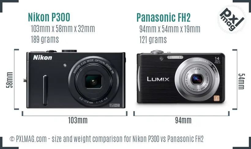 Nikon P300 vs Panasonic FH2 size comparison