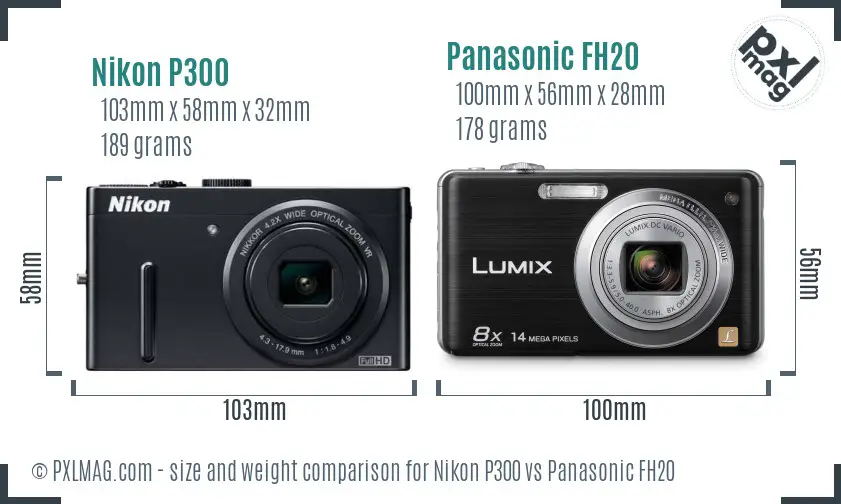 Nikon P300 vs Panasonic FH20 size comparison