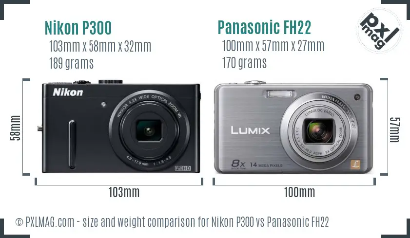 Nikon P300 vs Panasonic FH22 size comparison
