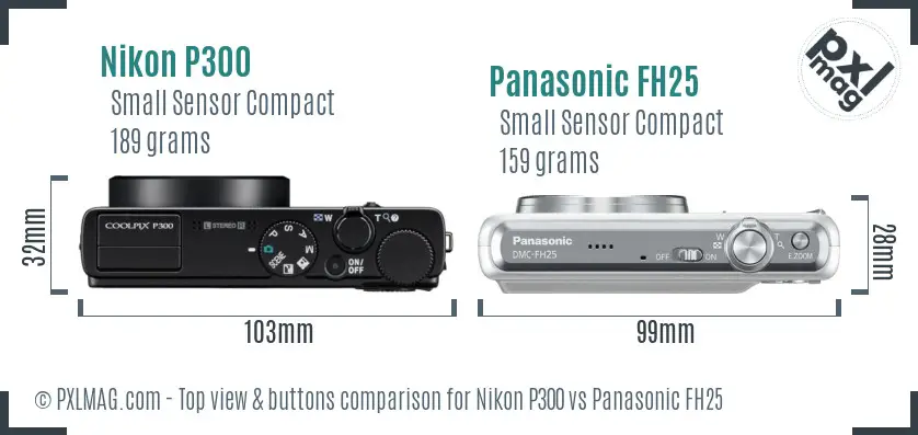 Nikon P300 vs Panasonic FH25 top view buttons comparison Nikon P300 vs Panasonic FH25 top view buttons comparison