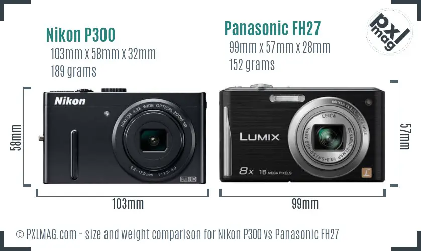 Nikon P300 vs Panasonic FH27 size comparison