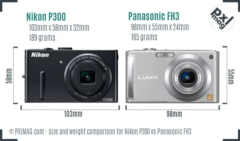 Nikon P300 vs Panasonic FH3 size comparison