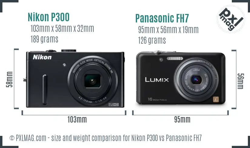 Nikon P300 vs Panasonic FH7 size comparison