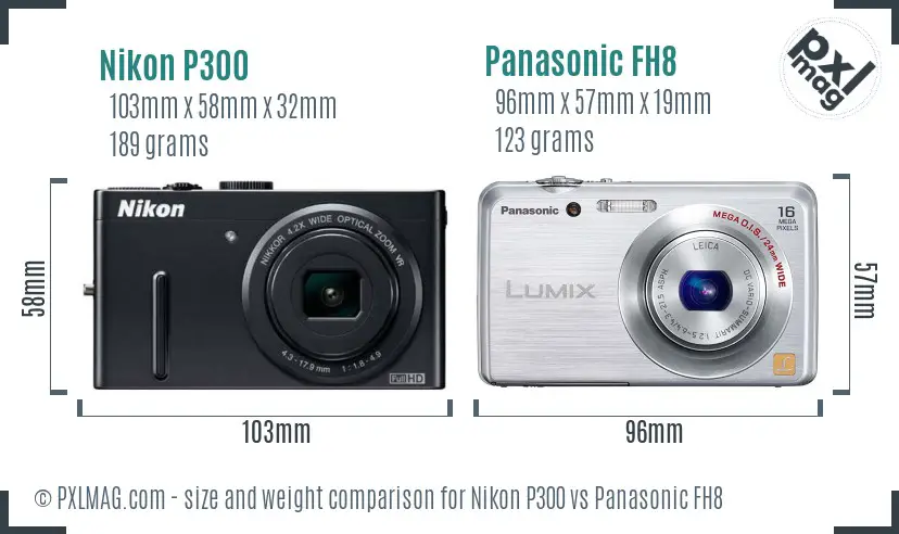 Nikon P300 vs Panasonic FH8 size comparison