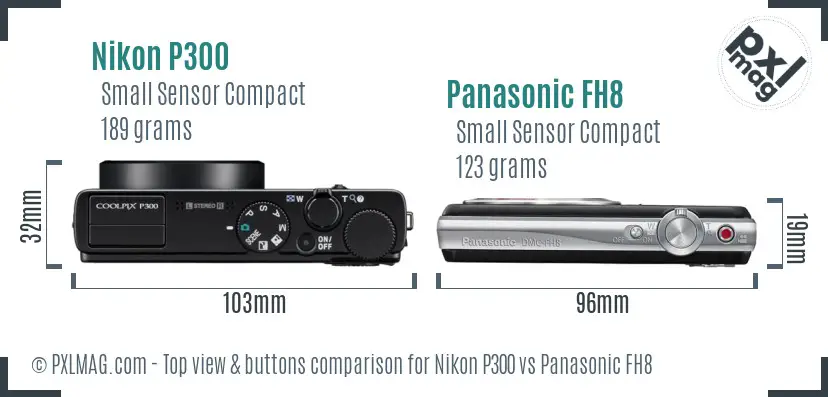 Nikon P300 vs Panasonic FH8 top view buttons comparison