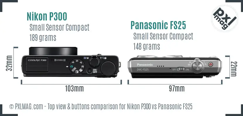 Nikon P300 vs Panasonic FS25 top view buttons comparison Nikon P300 vs Panasonic FS25 top view buttons comparison