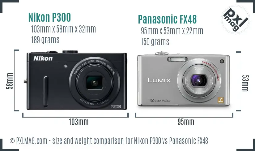 Nikon P300 vs Panasonic FX48 size comparison