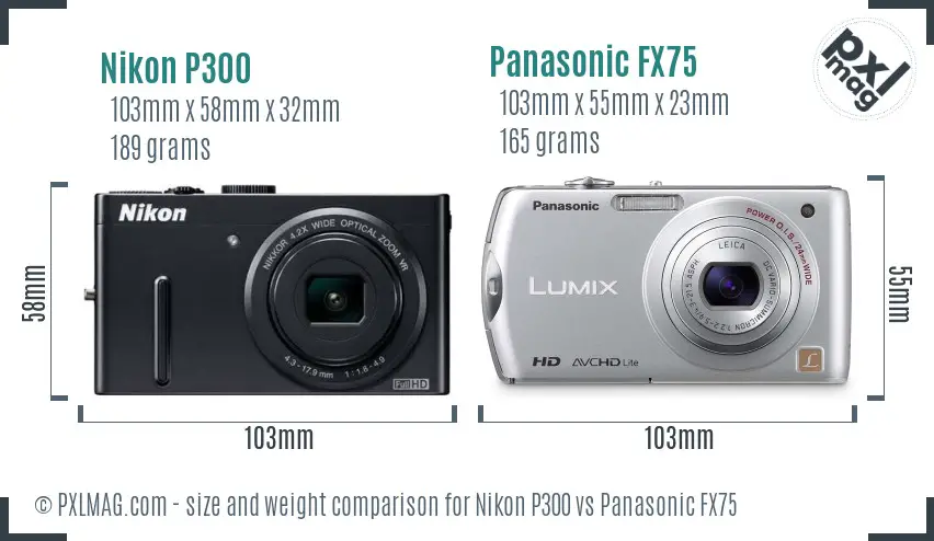 Nikon P300 vs Panasonic FX75 size comparison