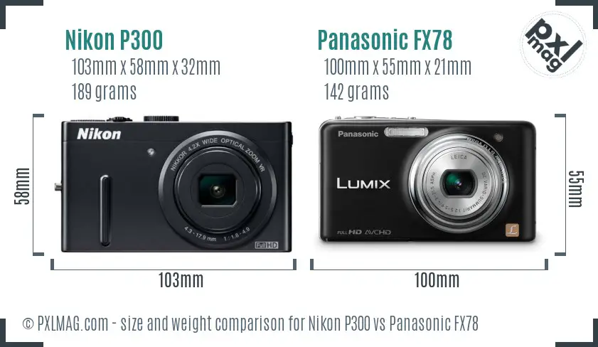 Nikon P300 vs Panasonic FX78 size comparison