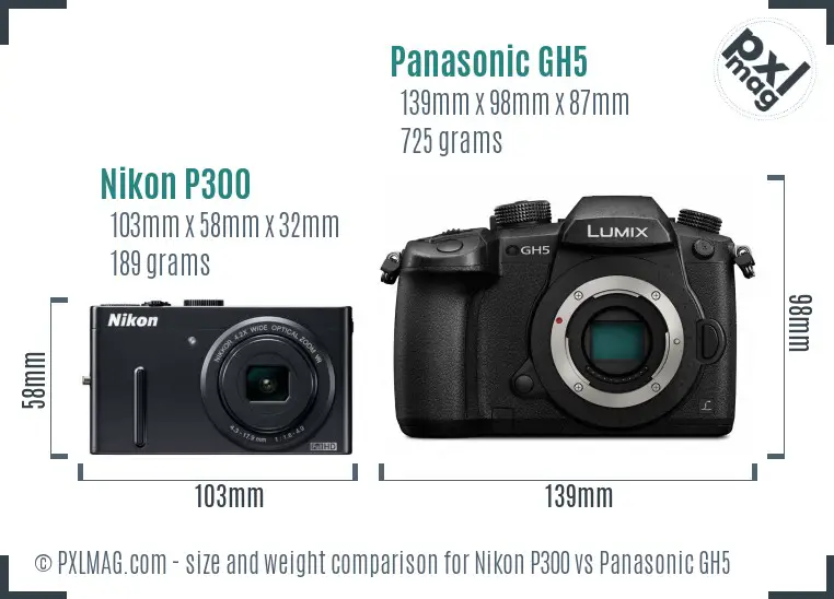 Nikon P300 vs Panasonic GH5 size comparison