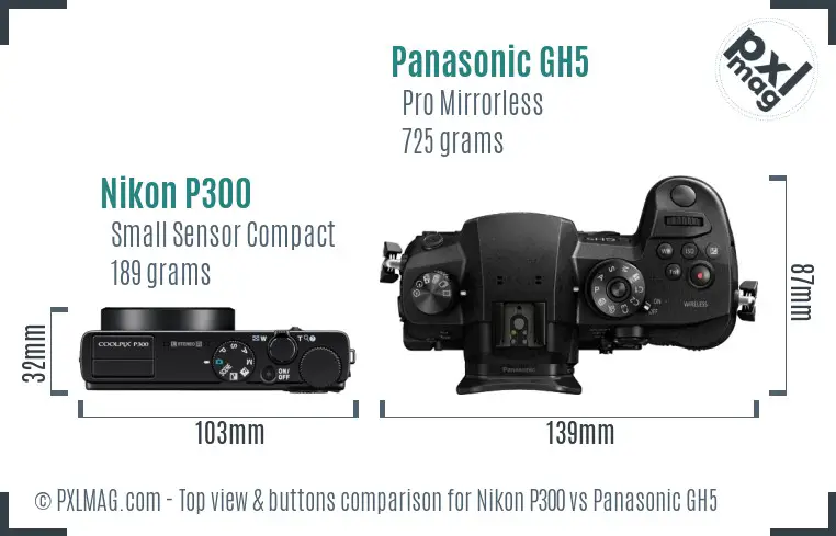 Nikon P300 vs Panasonic GH5 top view buttons comparison