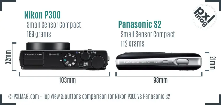 Nikon P300 vs Panasonic S2 top view buttons comparison Nikon P300 vs Panasonic S2 top view buttons comparison