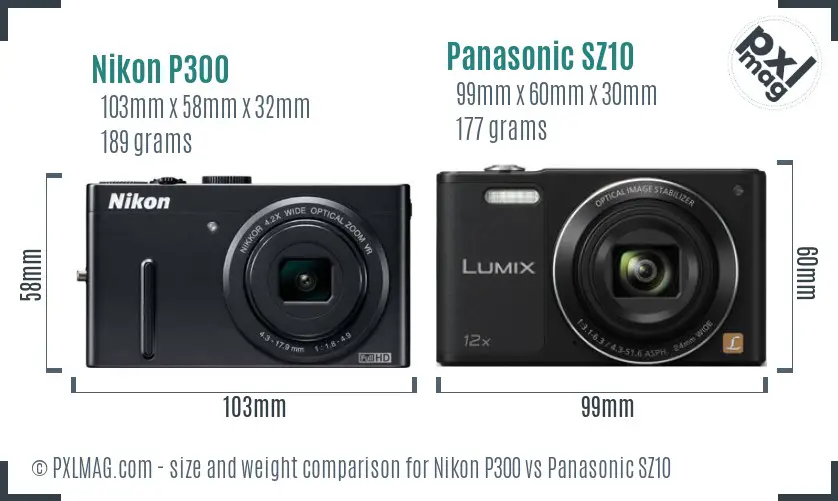 Nikon P300 vs Panasonic SZ10 size comparison