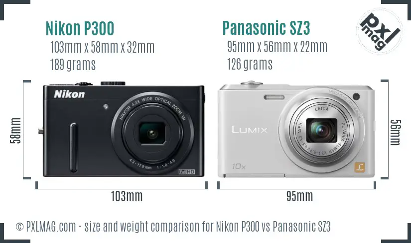Nikon P300 vs Panasonic SZ3 size comparison