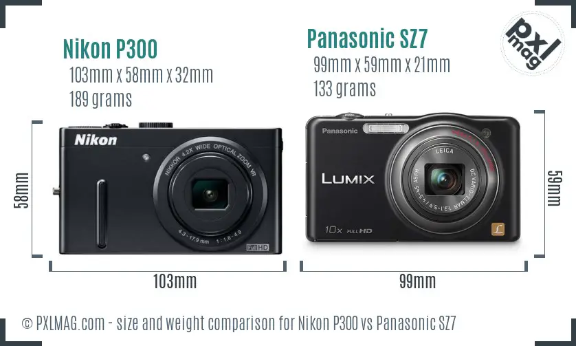 Nikon P300 vs Panasonic SZ7 size comparison