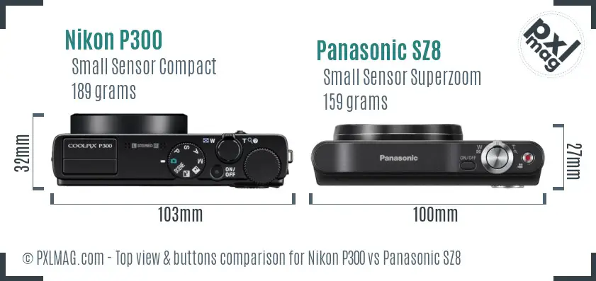 Nikon P300 vs Panasonic SZ8 top view buttons comparison