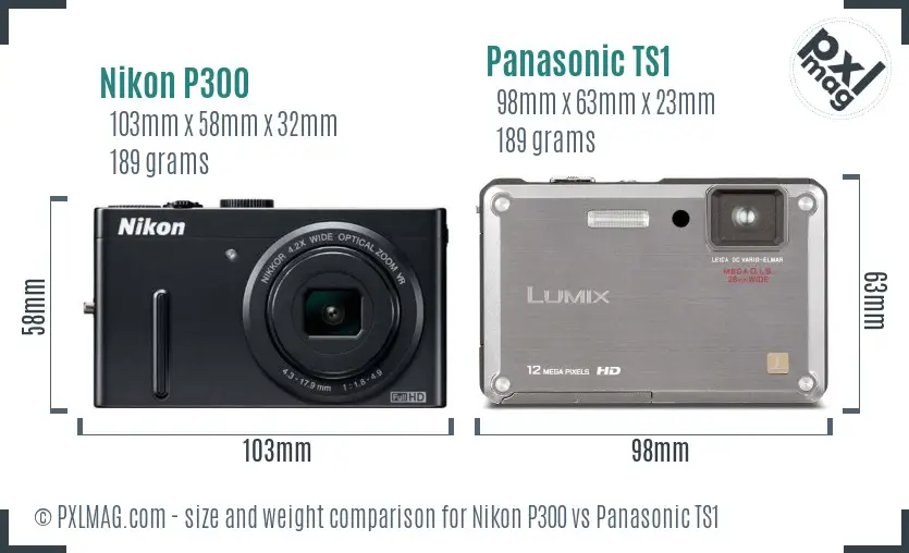 Nikon P300 vs Panasonic TS1 size comparison
