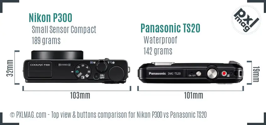 Nikon P300 vs Panasonic TS20 top view buttons comparison