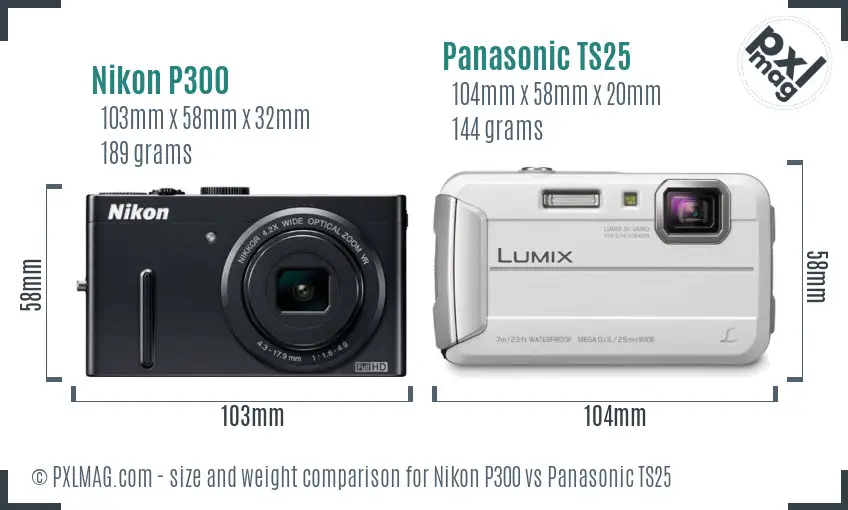 Nikon P300 vs Panasonic TS25 size comparison