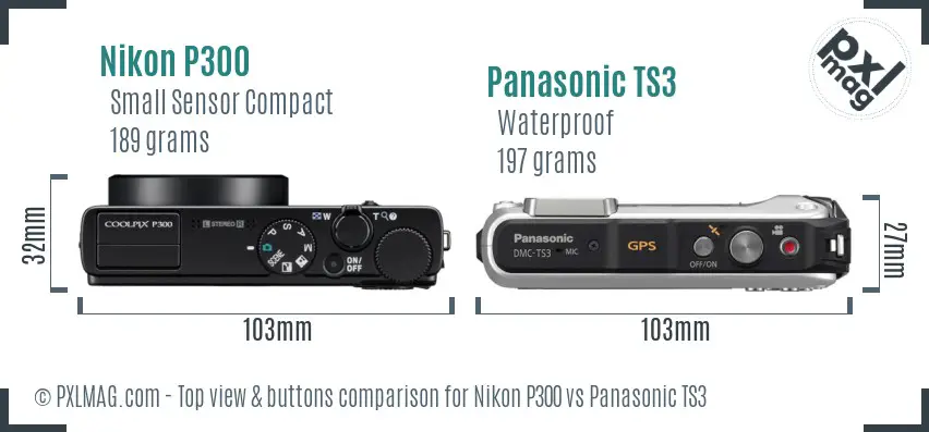 Nikon P300 vs Panasonic TS3 top view buttons comparison Nikon P300 vs Panasonic TS3 top view buttons comparison