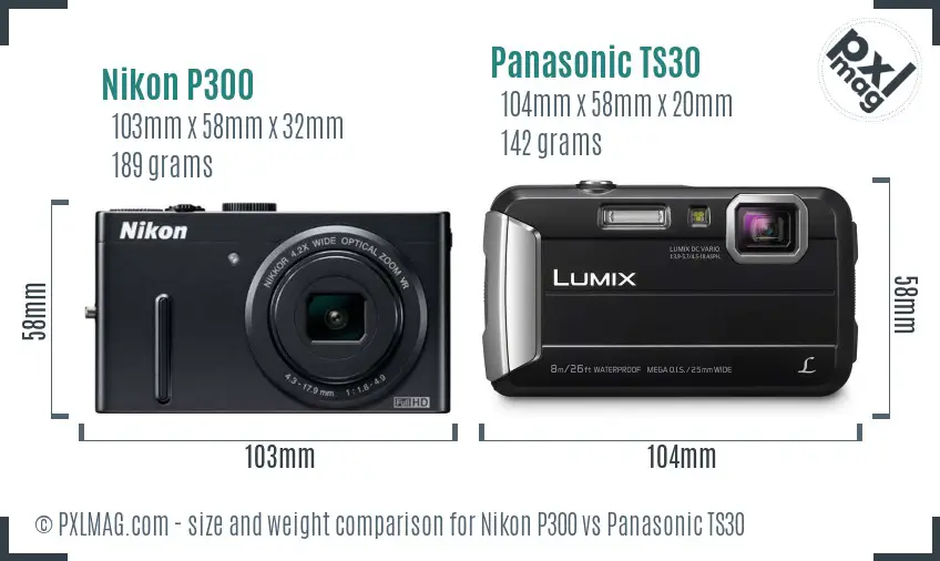 Nikon P300 vs Panasonic TS30 size comparison