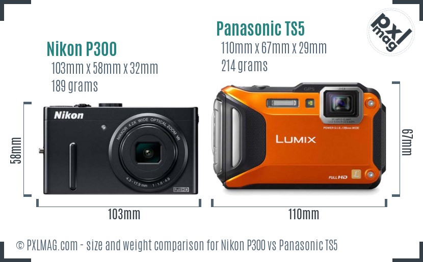 Nikon P300 vs Panasonic TS5 size comparison
