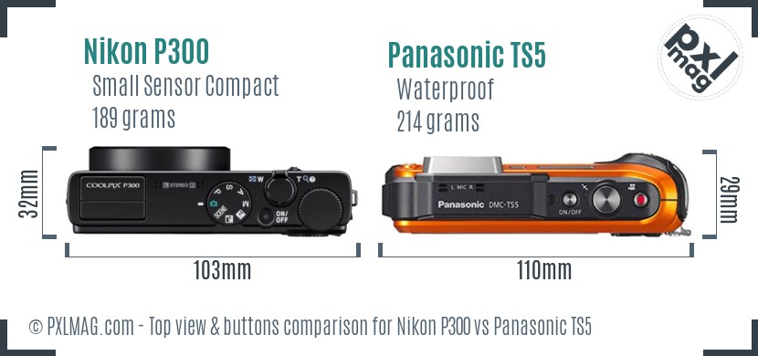 Nikon P300 vs Panasonic TS5 top view buttons comparison