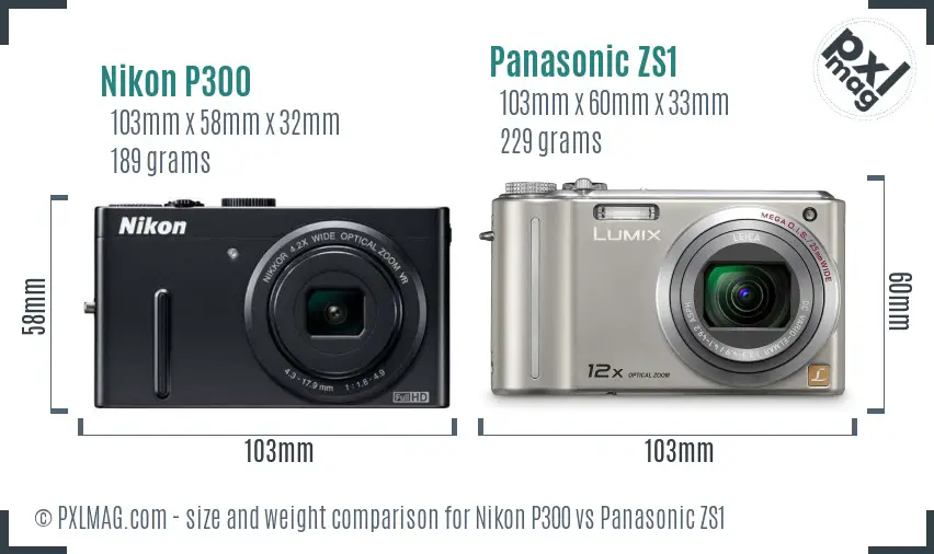 Nikon P300 vs Panasonic ZS1 size comparison