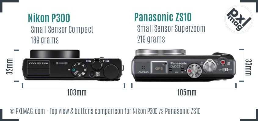 Nikon P300 vs Panasonic ZS10 top view buttons comparison