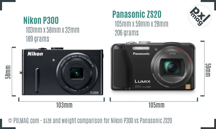 Nikon P300 vs Panasonic ZS20 size comparison