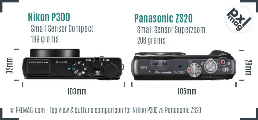 Nikon P300 vs Panasonic ZS20 top view buttons comparison
